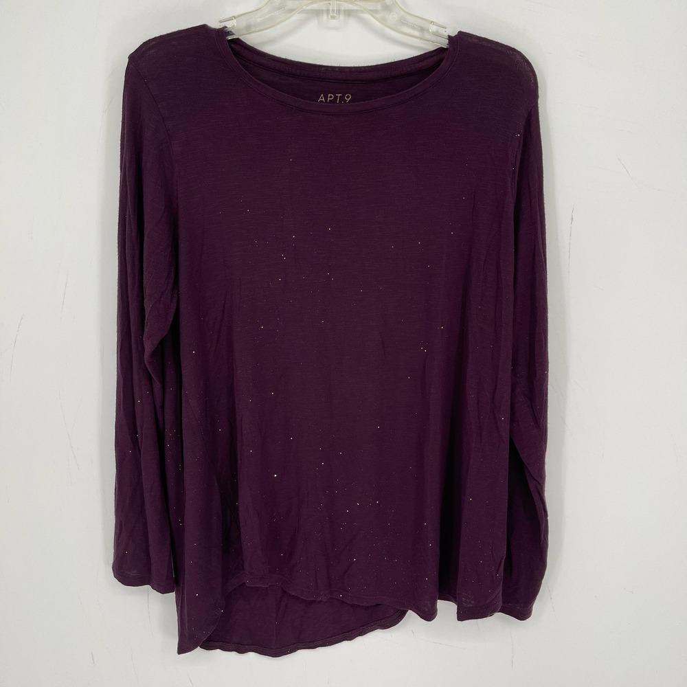 Apt.9 Women's Purple Glitter Scoop Neck Stretch Long Sleeve Tee T-Shirt Size L